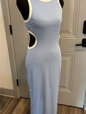 SHEIN Light Blue Ribbed Cutout Maxi Dress with Cream Trim